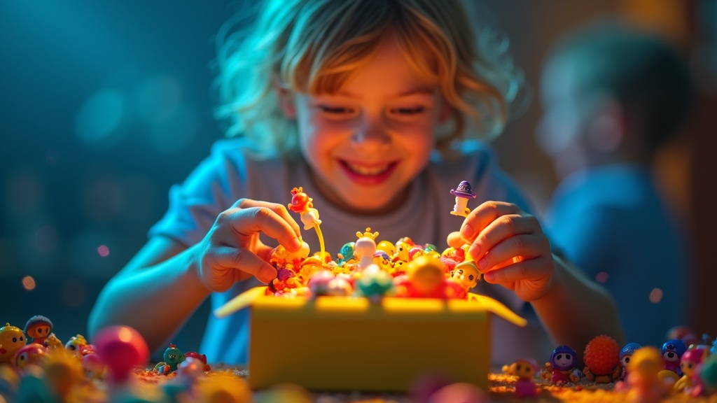 A delighted child opening a colourful mystery box with tiny toys spilling out