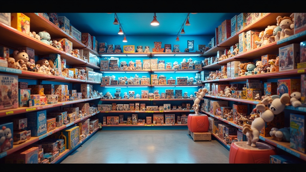 Bright, colourful Wonderloft store aisle packed with toys and collectibles under electric-blue walls